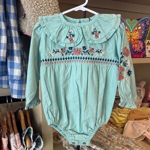 Girls' Mint Floral Embroidered Long-Sleeve Romper Dress